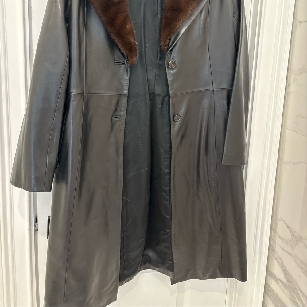 Andrew Marc Full Length Leather Coat with Mink Collar Size M